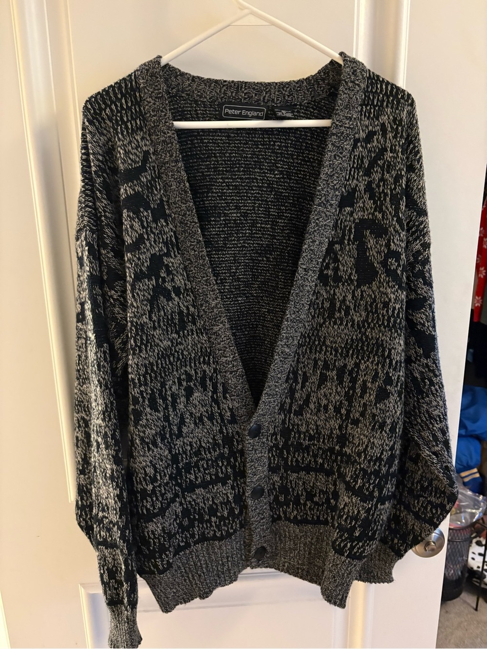 Vintage Peter England Grey and Black Patterned V-Neck Cardigan Sweater